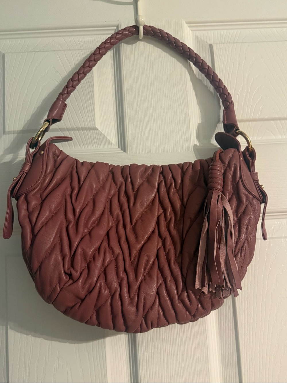 Paolo Masi Made in Italy Mauve Pink Genuine Leather Ruched Hobo Shoulder Bag